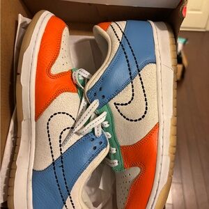 Colorful Nike Dunk Low Sneakers with Blue and Orange Accents